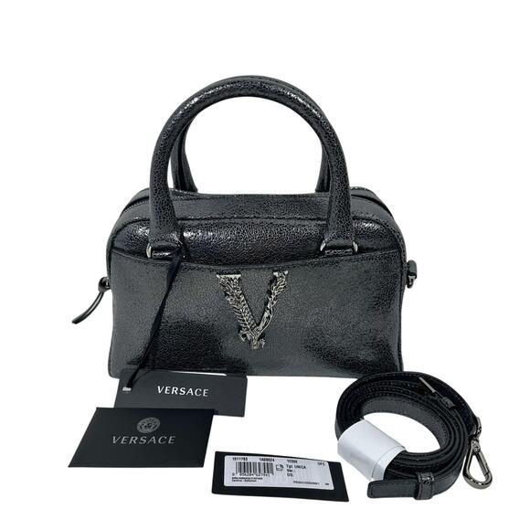NWT Versace Virtus Black Metallic Textured Leather Top Handle Crossbody Bag - Picture 1 of 13